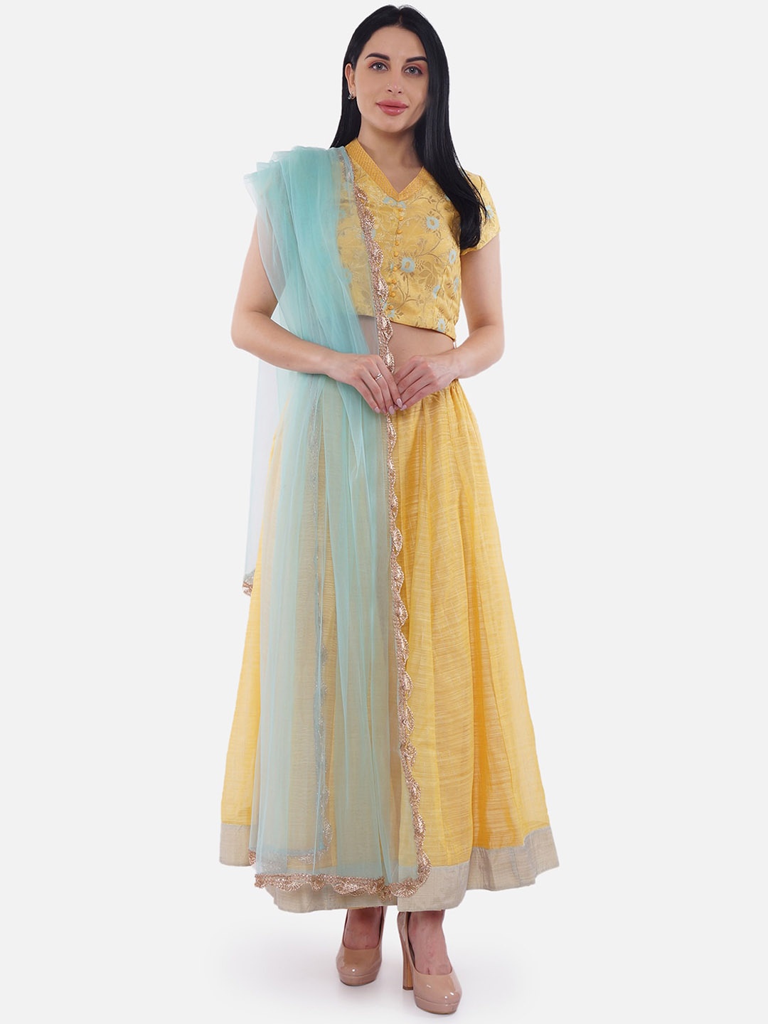 

Be Indi Yellow & Blue Embroidered Ready to Wear Lehenga & Blouse With Dupatta