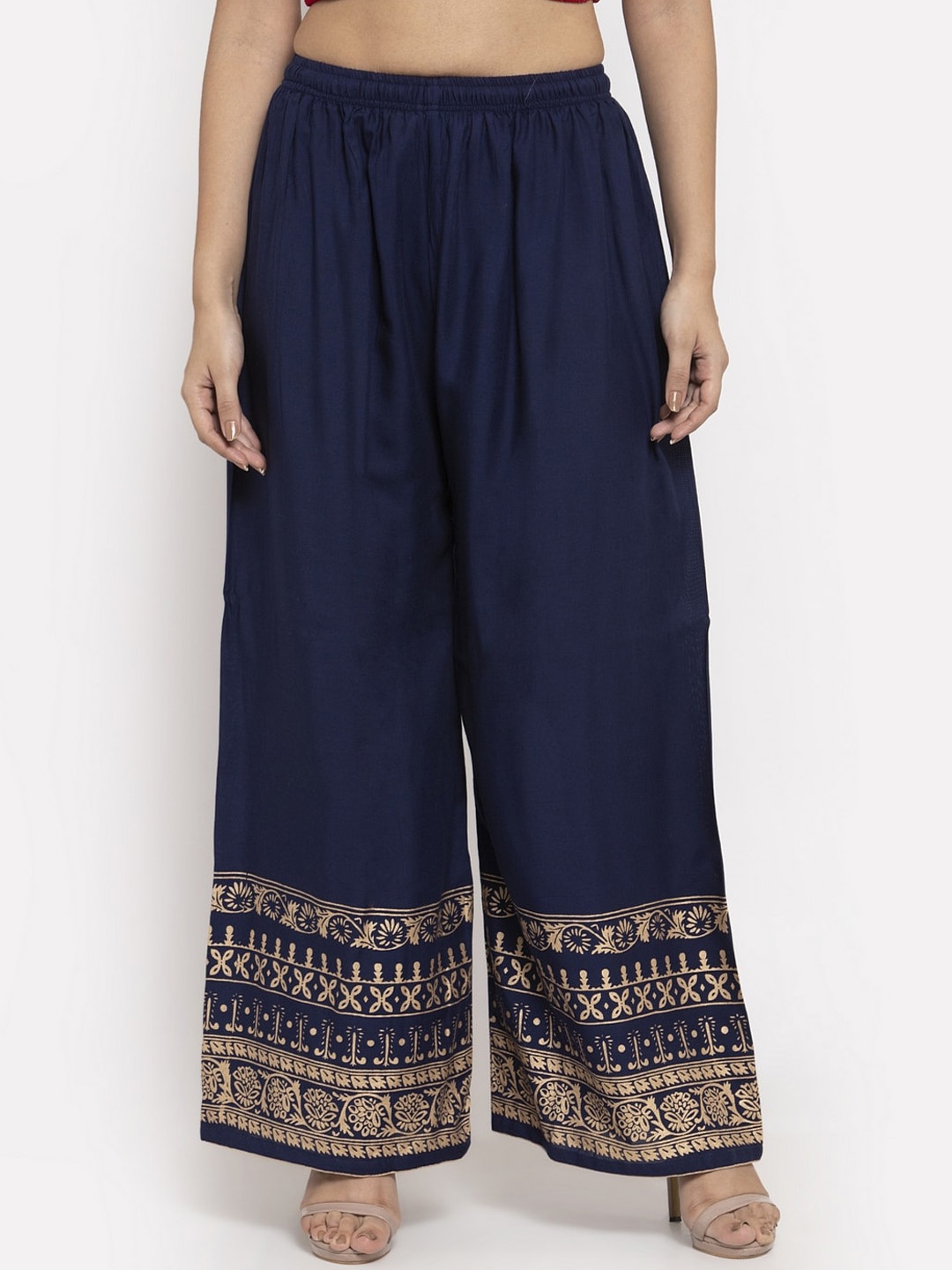 

Clora Creation Women Navy Blue & Gold-Toned Hem Design Flared Palazzos
