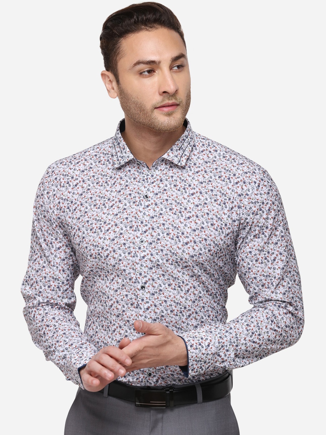 

JB STUDIO Men White & Blue Slim Fit Printed Linen Formal Shirt