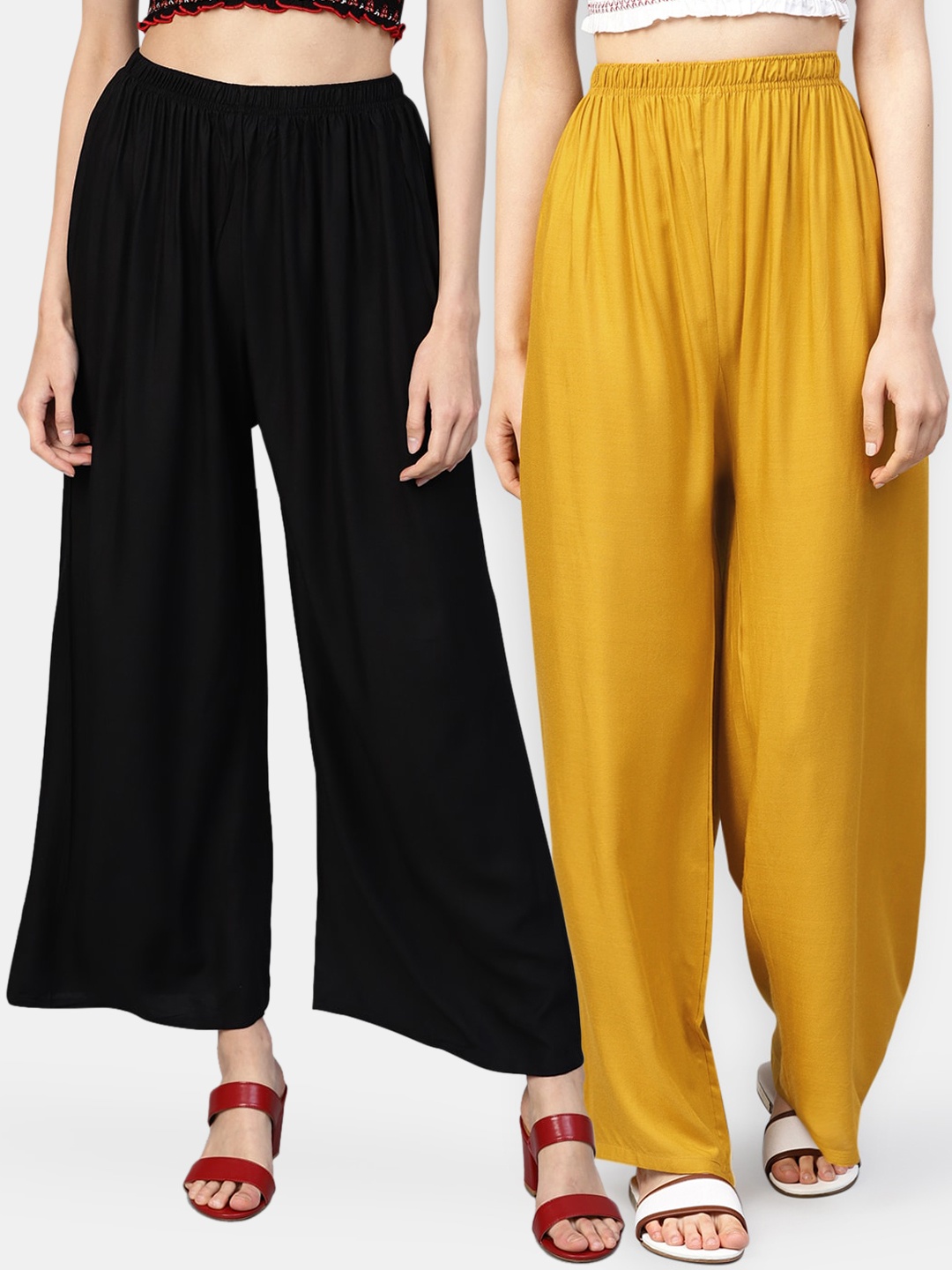 

Jompers Women Pack Of 2 Black & Mustard Yellow Solid Wide Leg Palazzos