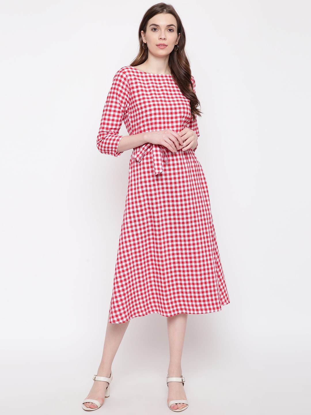 

FABNEST Women Red & White Checked A-Line Dress