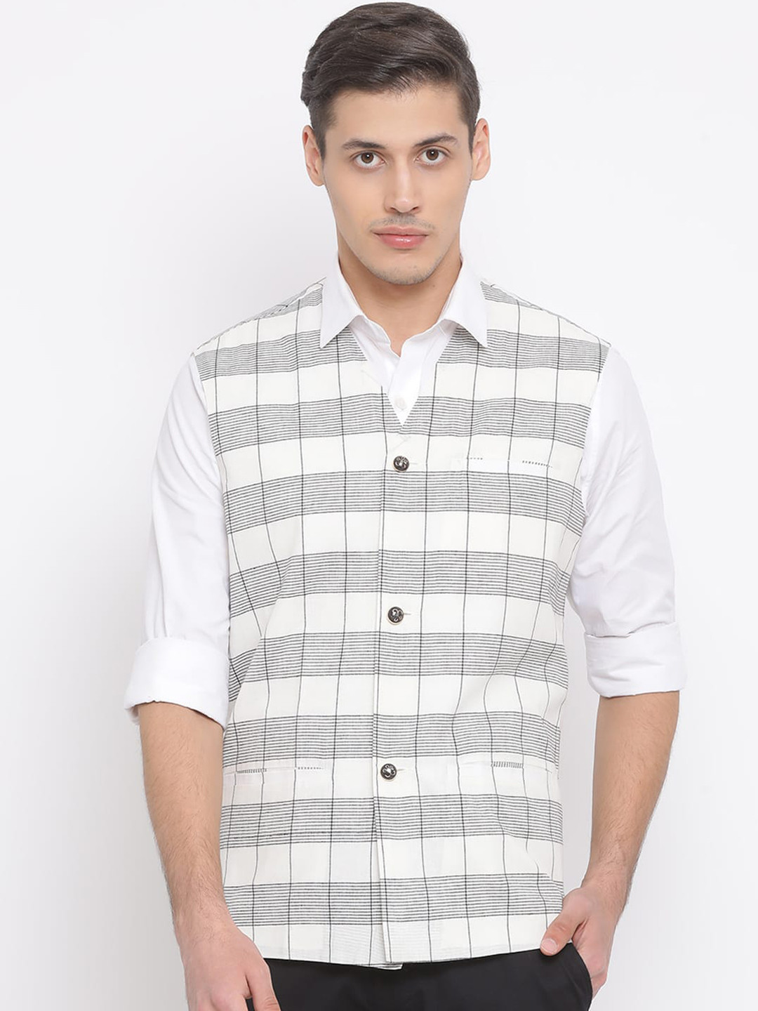 

VASTRAMAY Men White Checked Lightweight Tailored Jacket