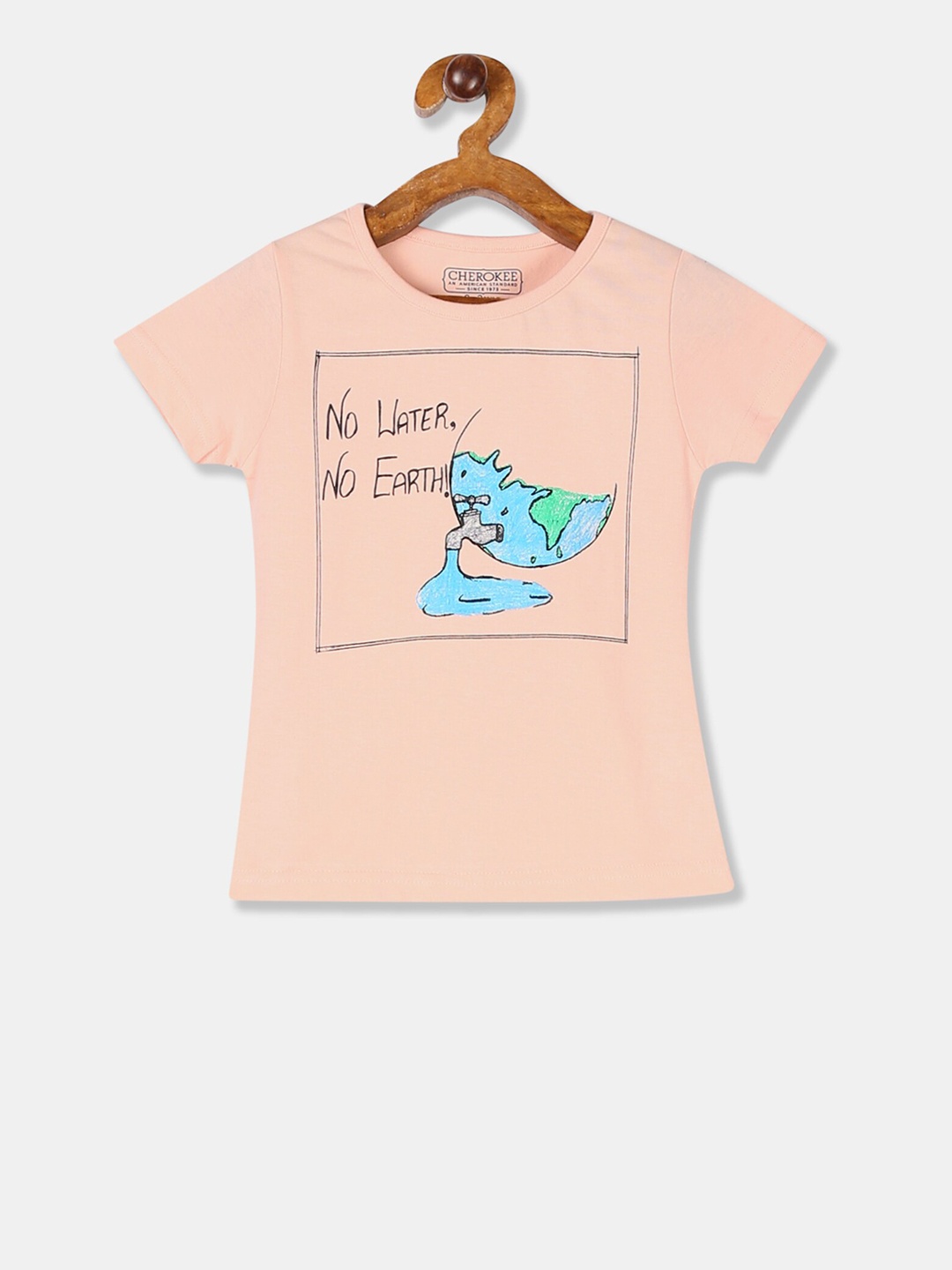 

Cherokee Girls Peach-Coloured Printed Round Neck Pure Cotton T-shirt