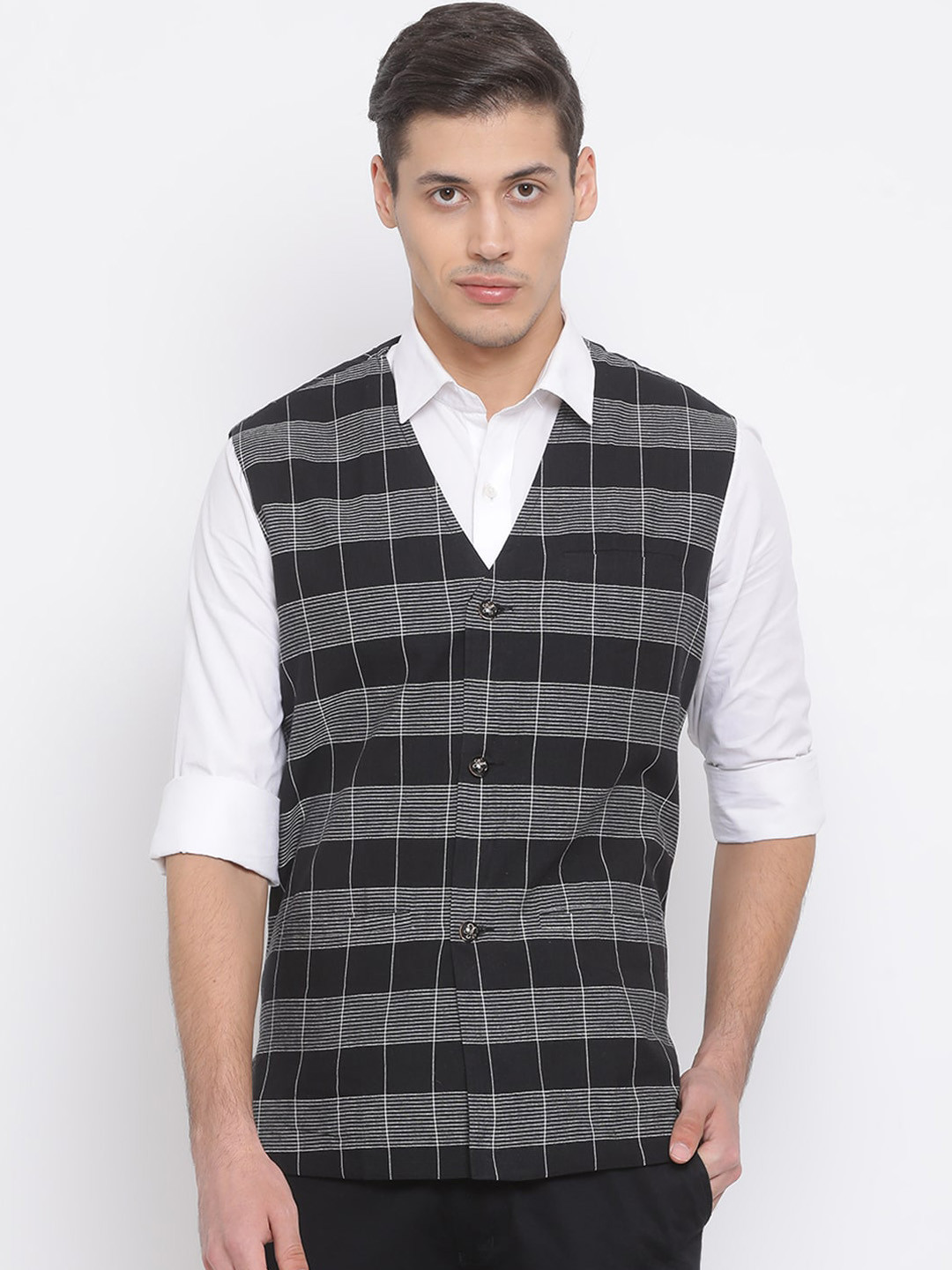 

VASTRAMAY Men Black Checked Lightweight Tailored Jacket