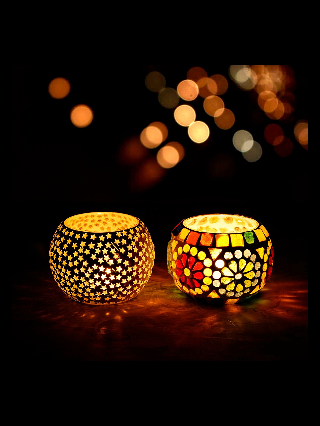 

eCraftIndia Set of 2 Patterned Mosaic Glass Handcrafted Tea Light Holders, Multi