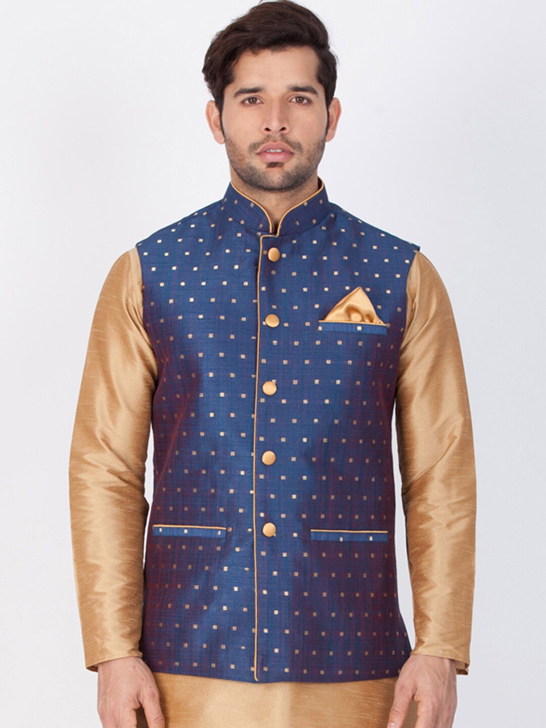 

VASTRAMAY Men Blue & Beige Printed Woven Nehru Jacket