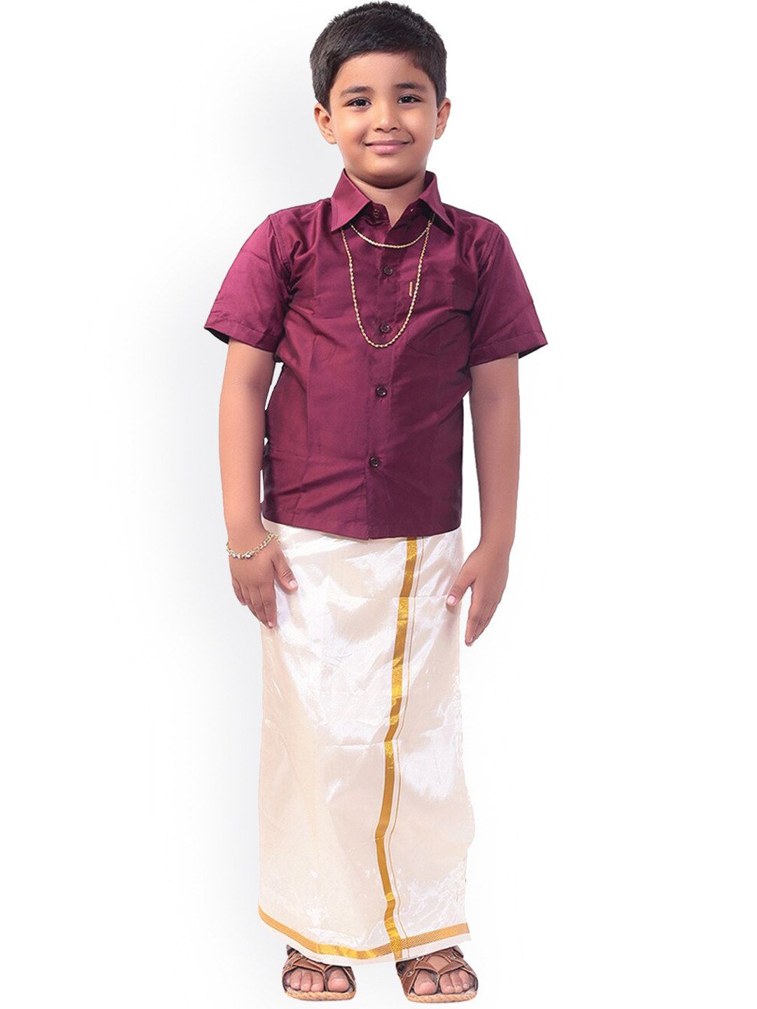 

Thangamagan Boys Maroon & Cream-Coloured Solid Shirt and Veshti