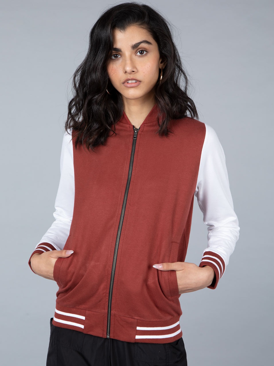 

Bewakoof Women Red & White Colourblocked Bomber Jacket