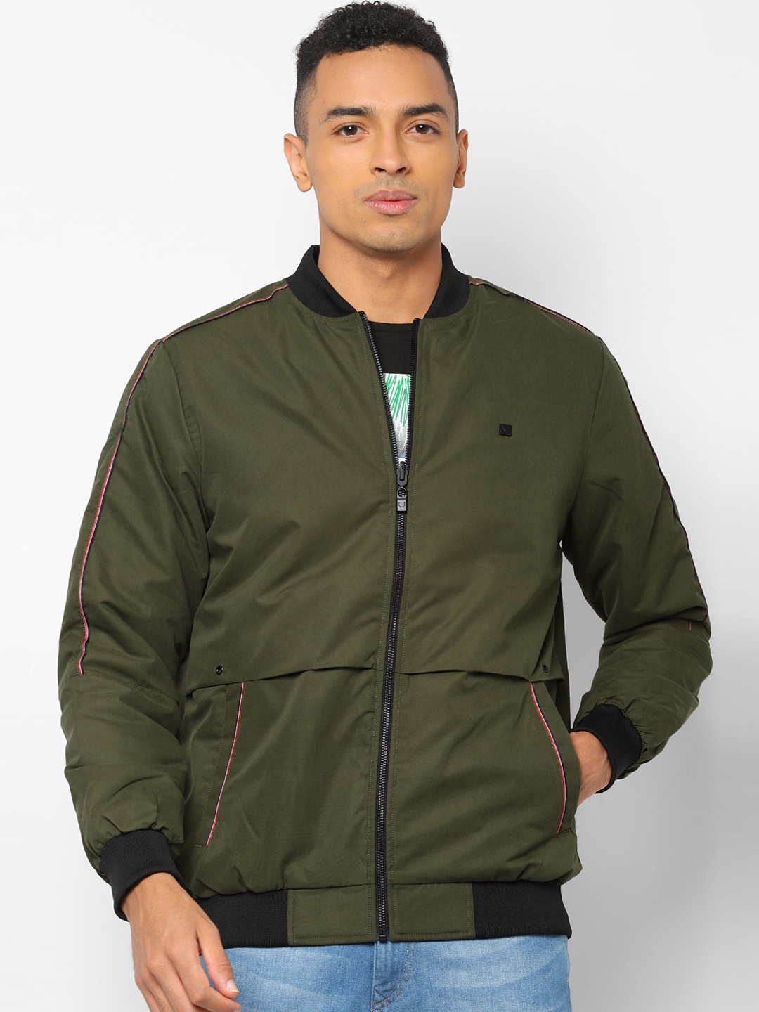 

Allen Solly Men Olive Green Solid Bomber Jacket