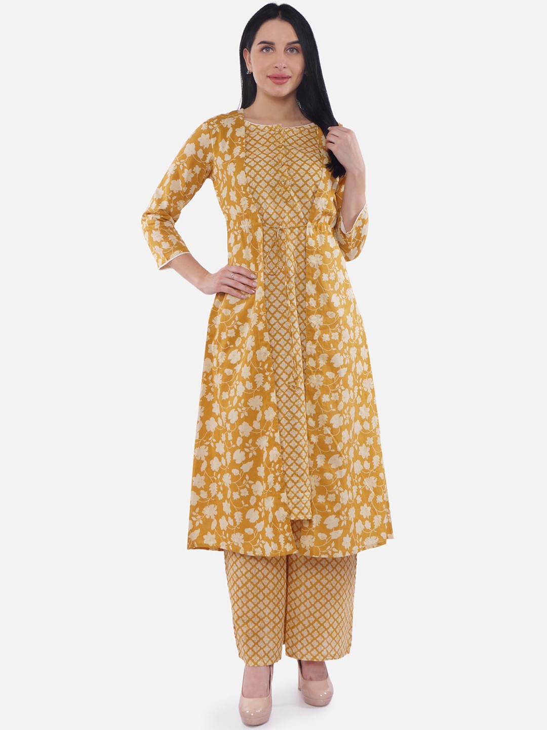 Be Indi Women Mustard Yellow & Off-White Printed Layered Kurta with Palazzos