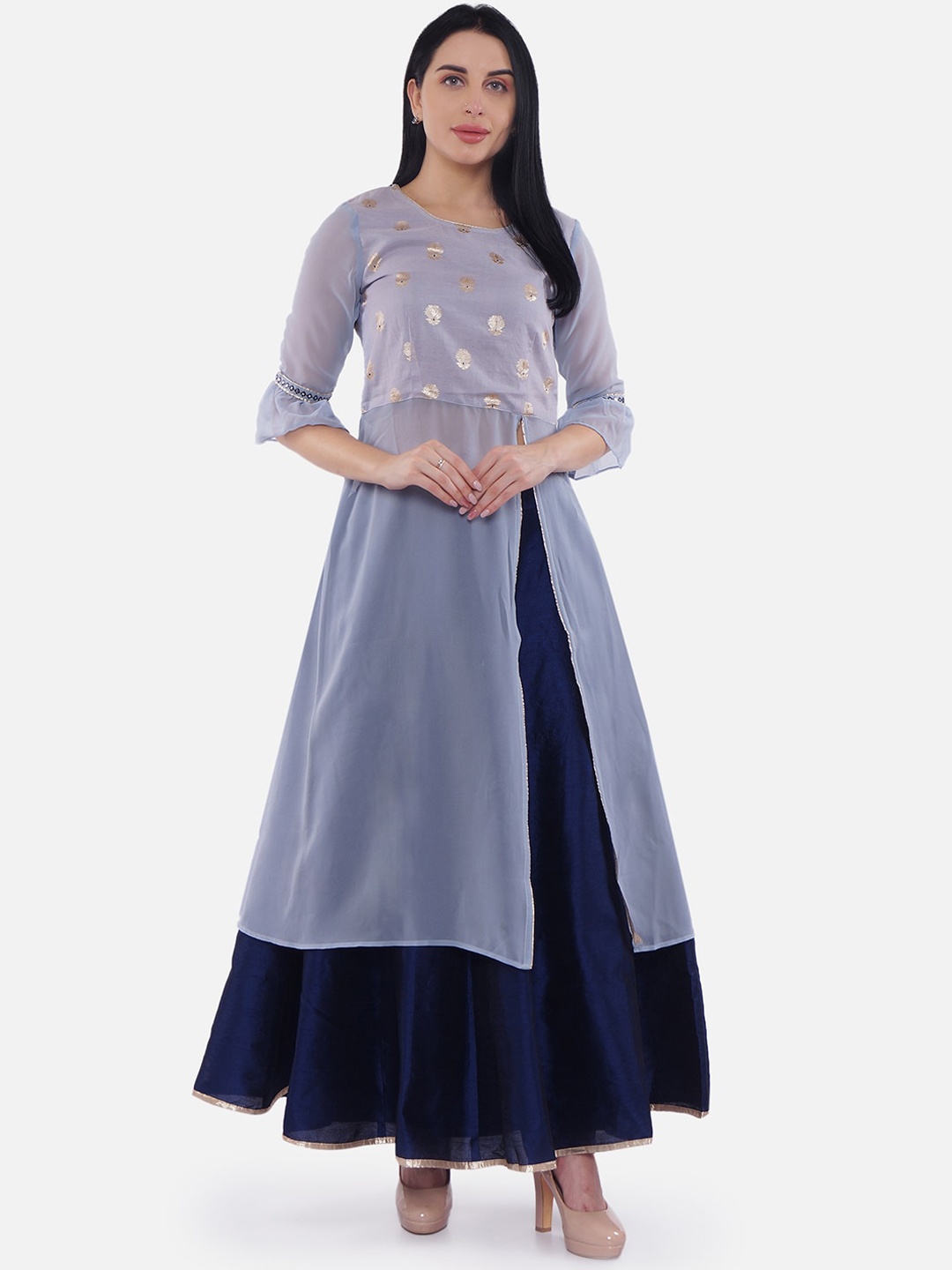 

Be Indi Women Navy Blue Embroidered Kurta with Skirt