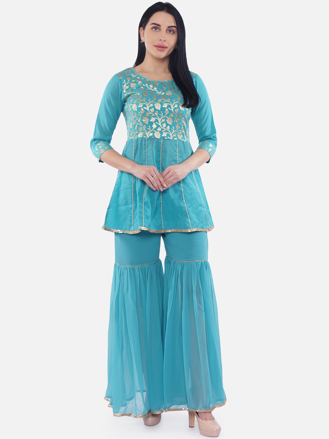 

Be Indi Women Turquoise Blue & Gold-Coloured Yoke Design Kurti with Sharara