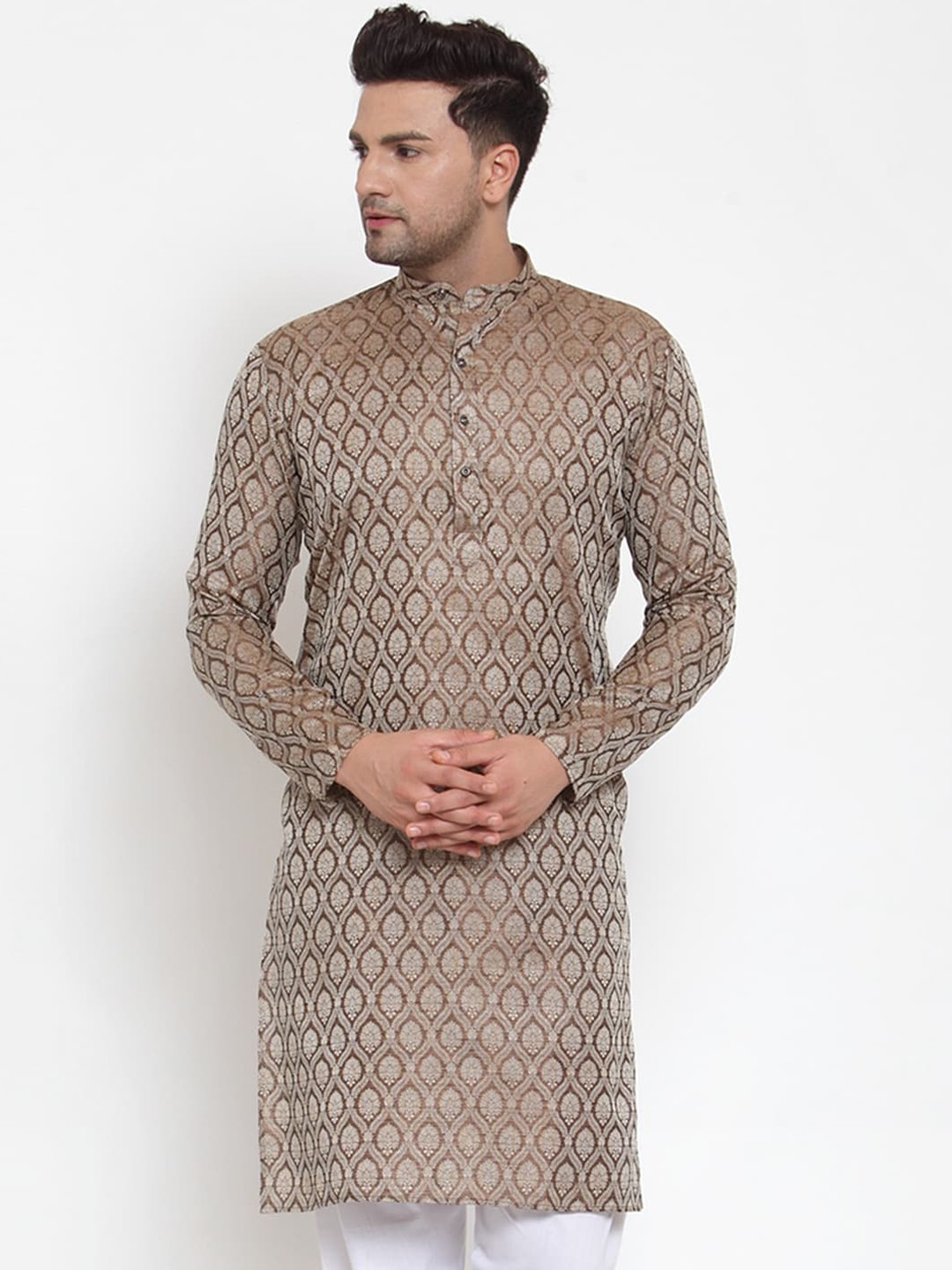 

Jompers Men Brown Woven Design Straight Kurta
