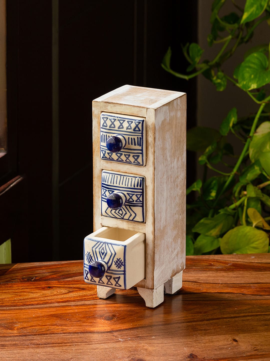 

ExclusiveLane Hand-Painted Ceramic Mango Wood Multi-utility Chest Drawer Organisers, Beige