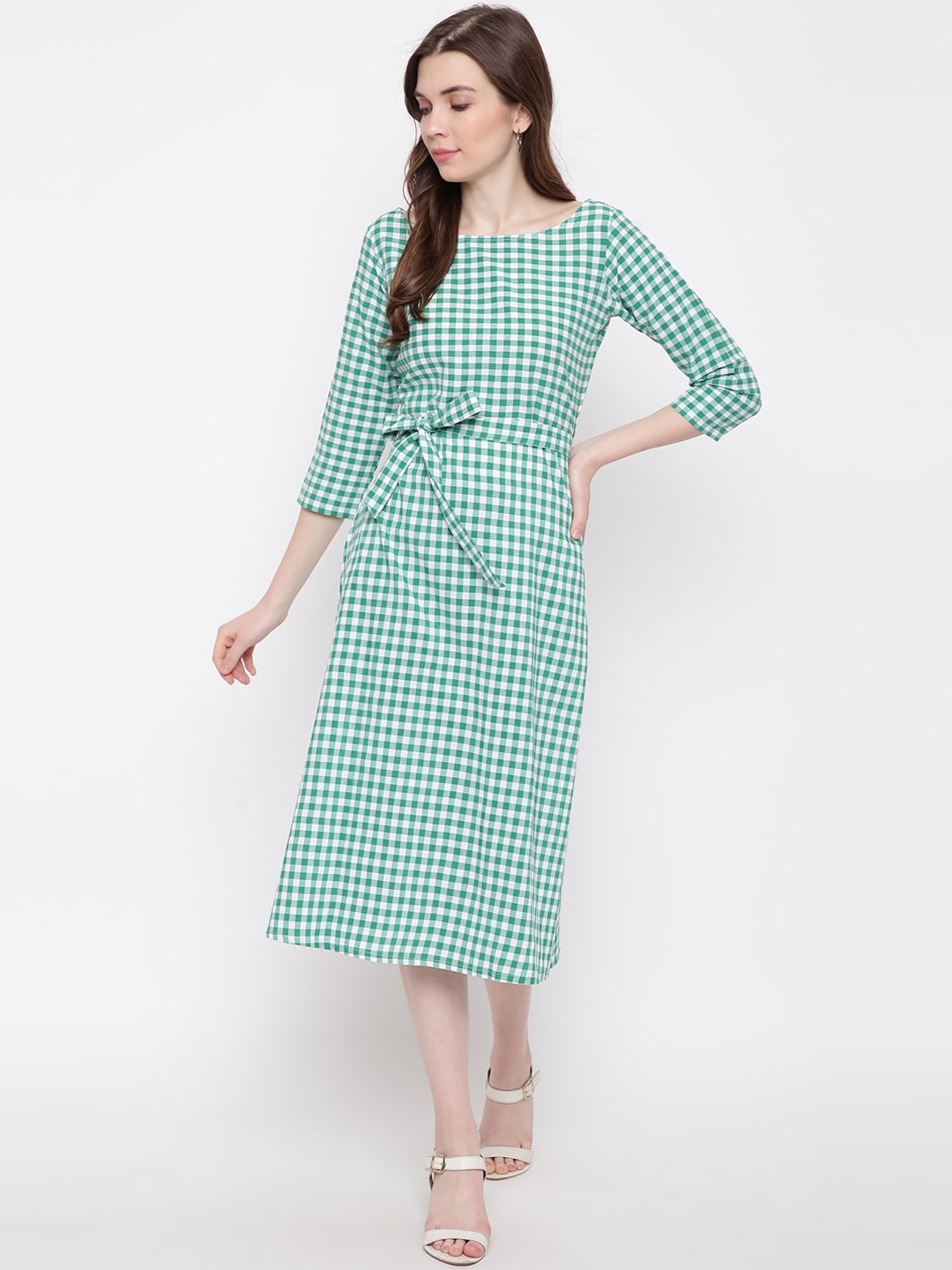 

FABNEST Women Green & White Checked A-Line Dress
