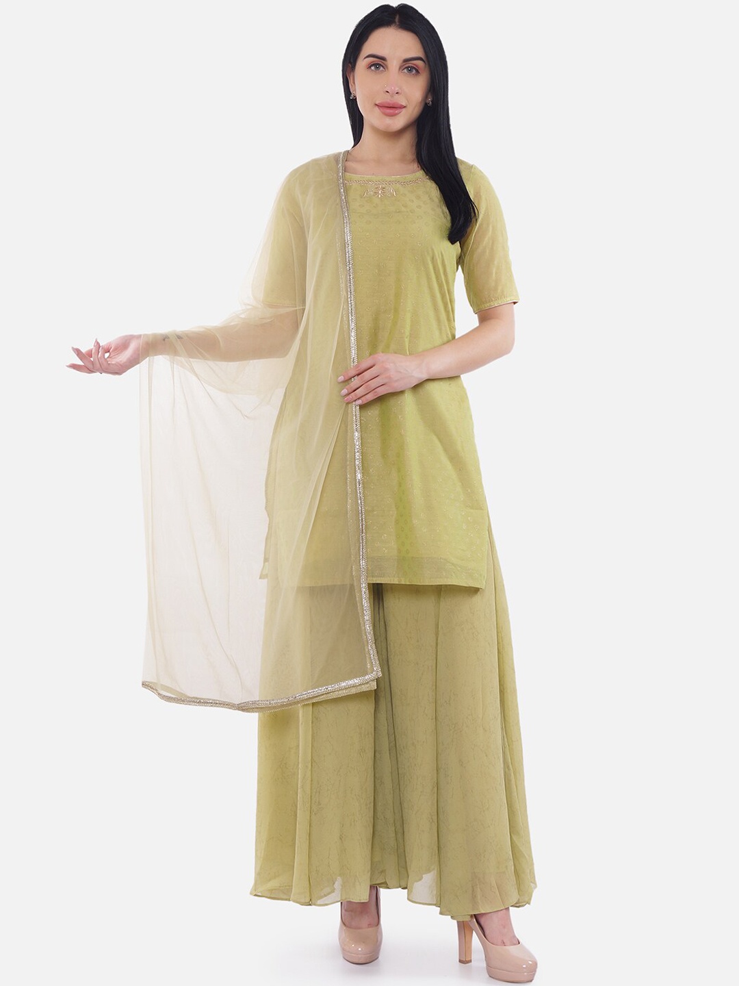 

Be Indi Women Green Printed Kurta with Sharara & Dupatta