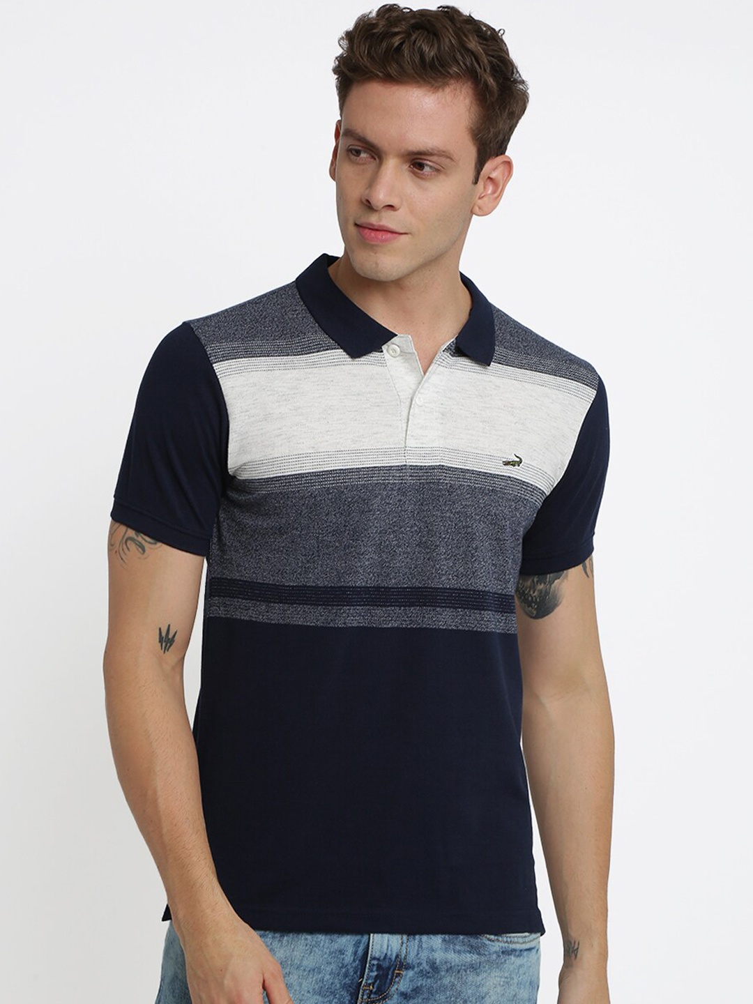 

Crocodile Men Navy Blue Striped Polo Collar T-shirt