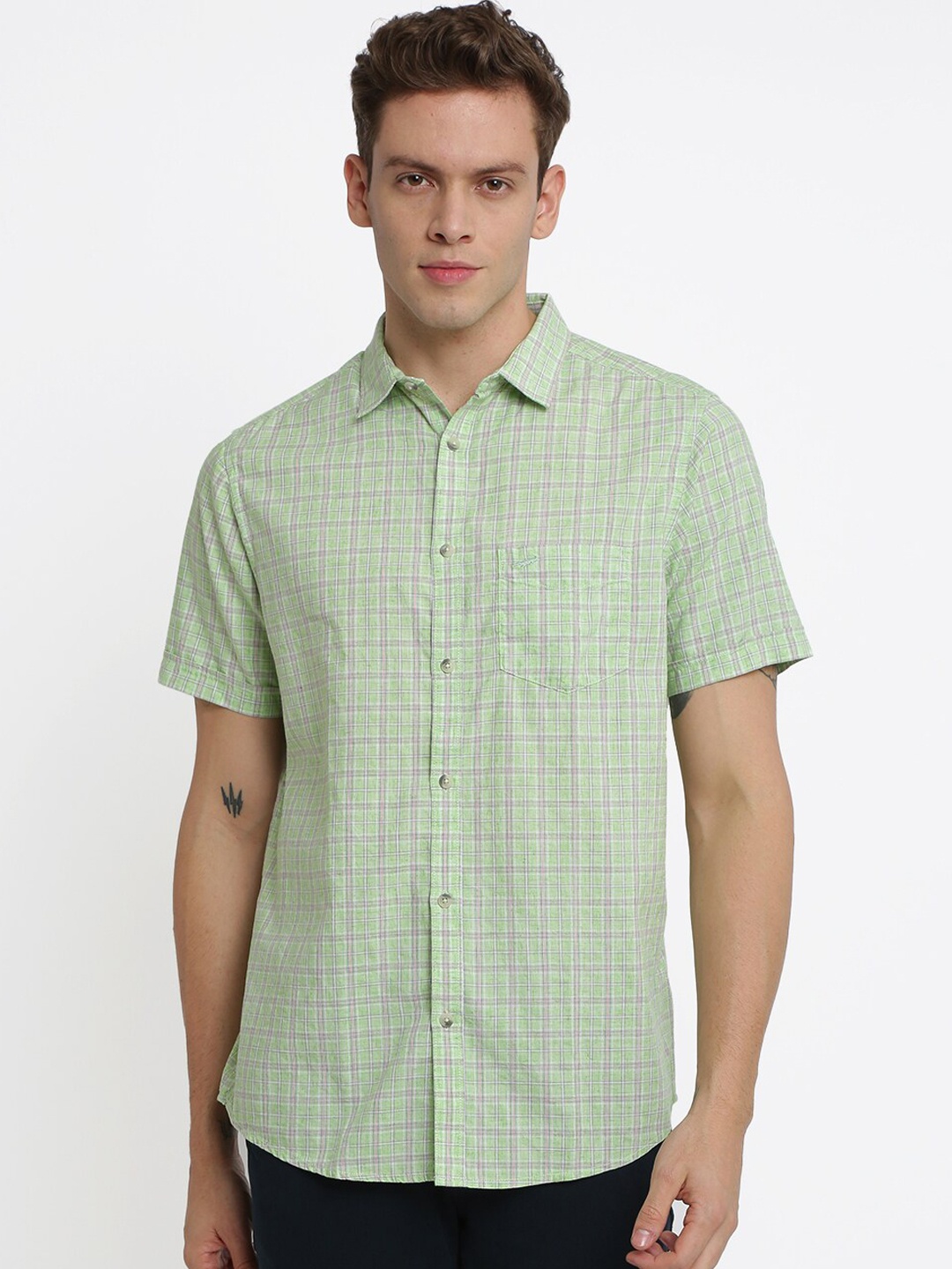 

Crocodile Men Green Classic Slim Fit Striped Casual Shirt