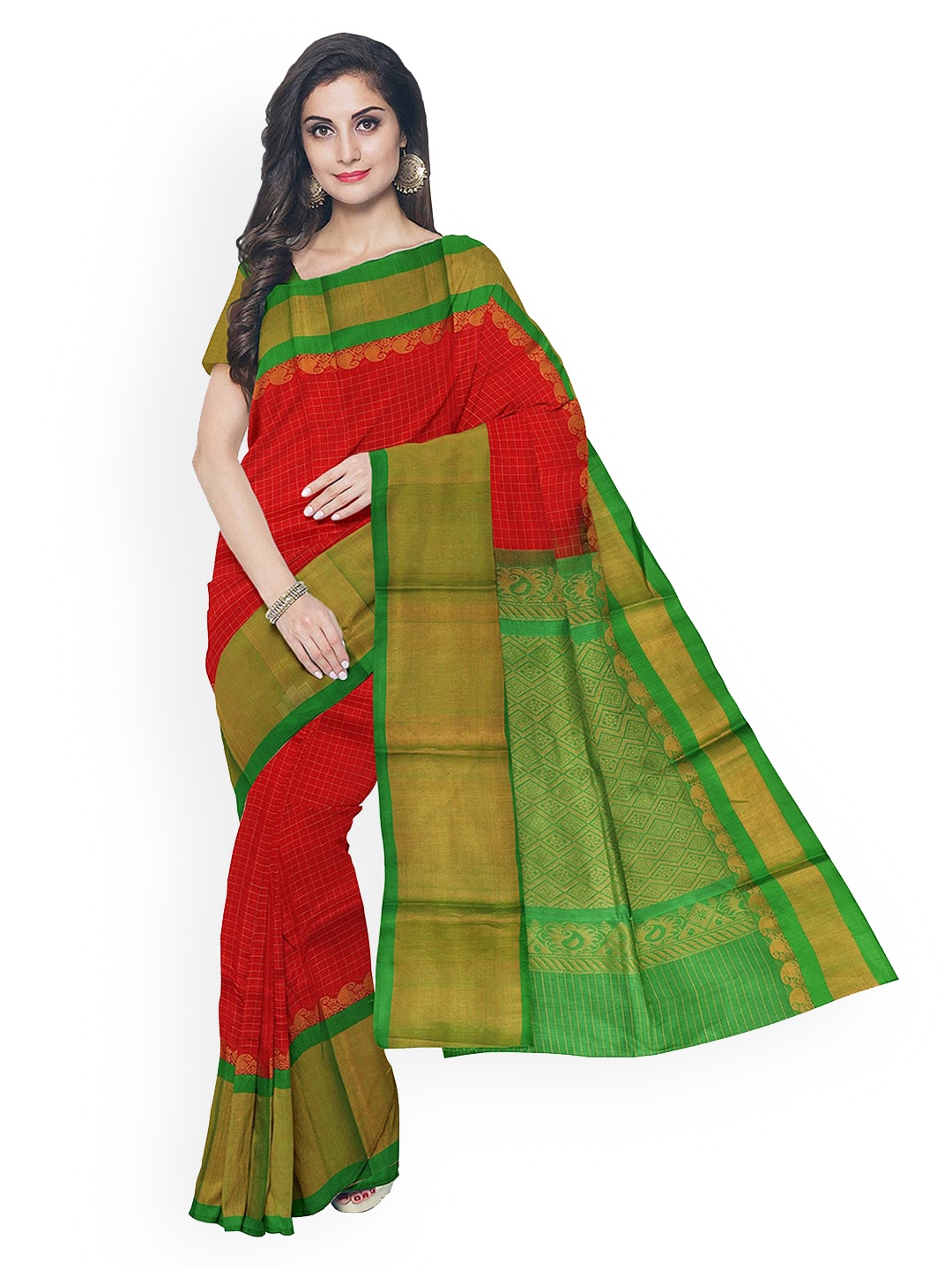 

APCO Red & Green Silk Cotton Checked Chirala Sustainable Saree