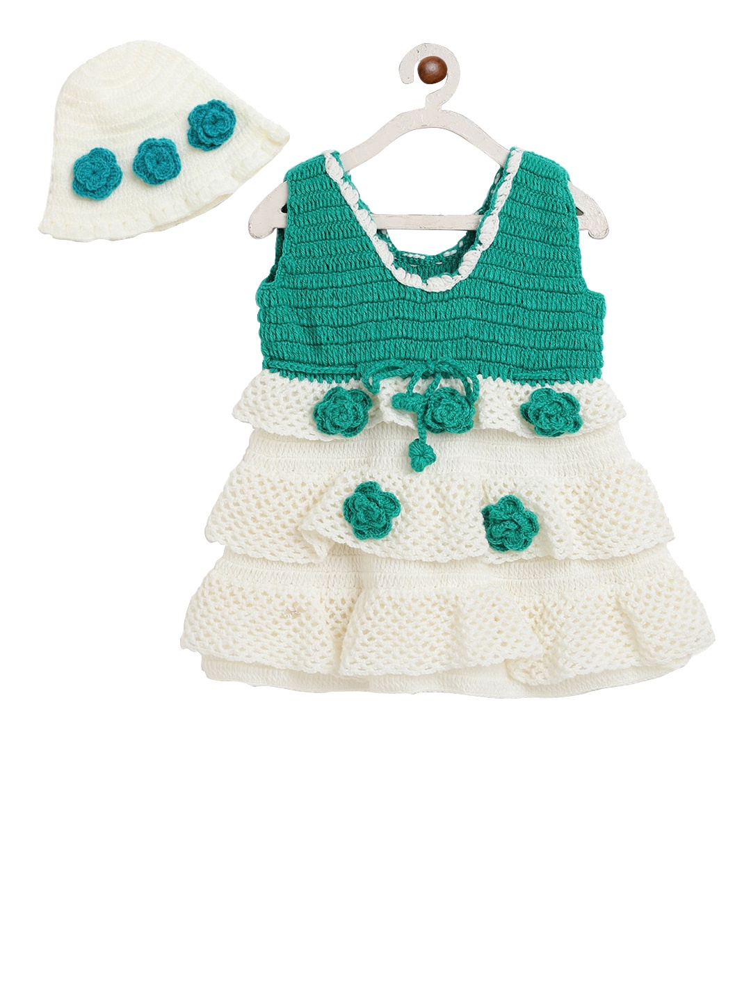 

CHUTPUT Girls White & Sea Green Colourblocked Hand Knitted Crochet Dress