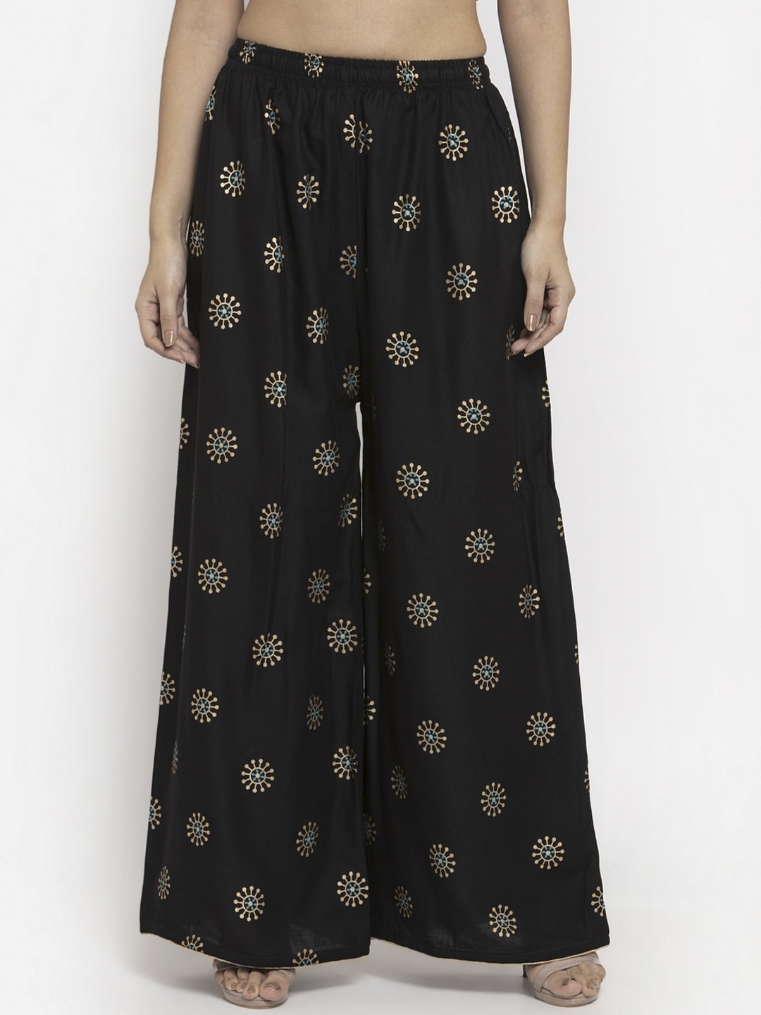 

Clora Creation Women Black & Gold-Toned Printed Wide Leg Palazzos