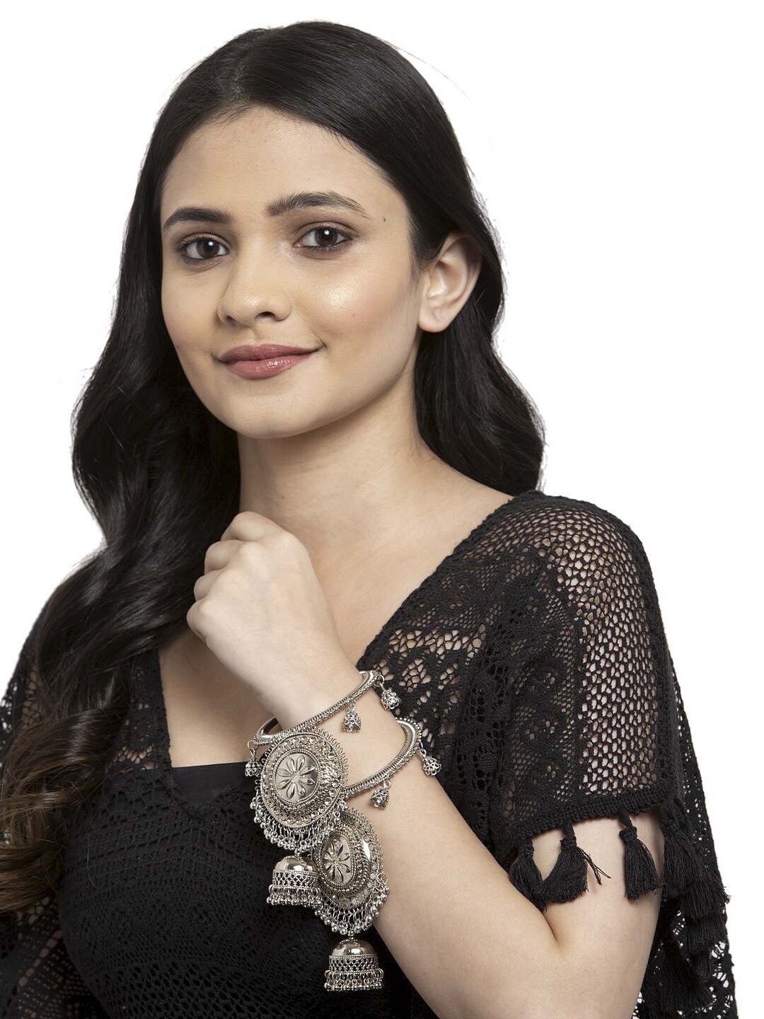 

PANASH Set Of 2 Oxidised Silver-Plated Dangler Bangles