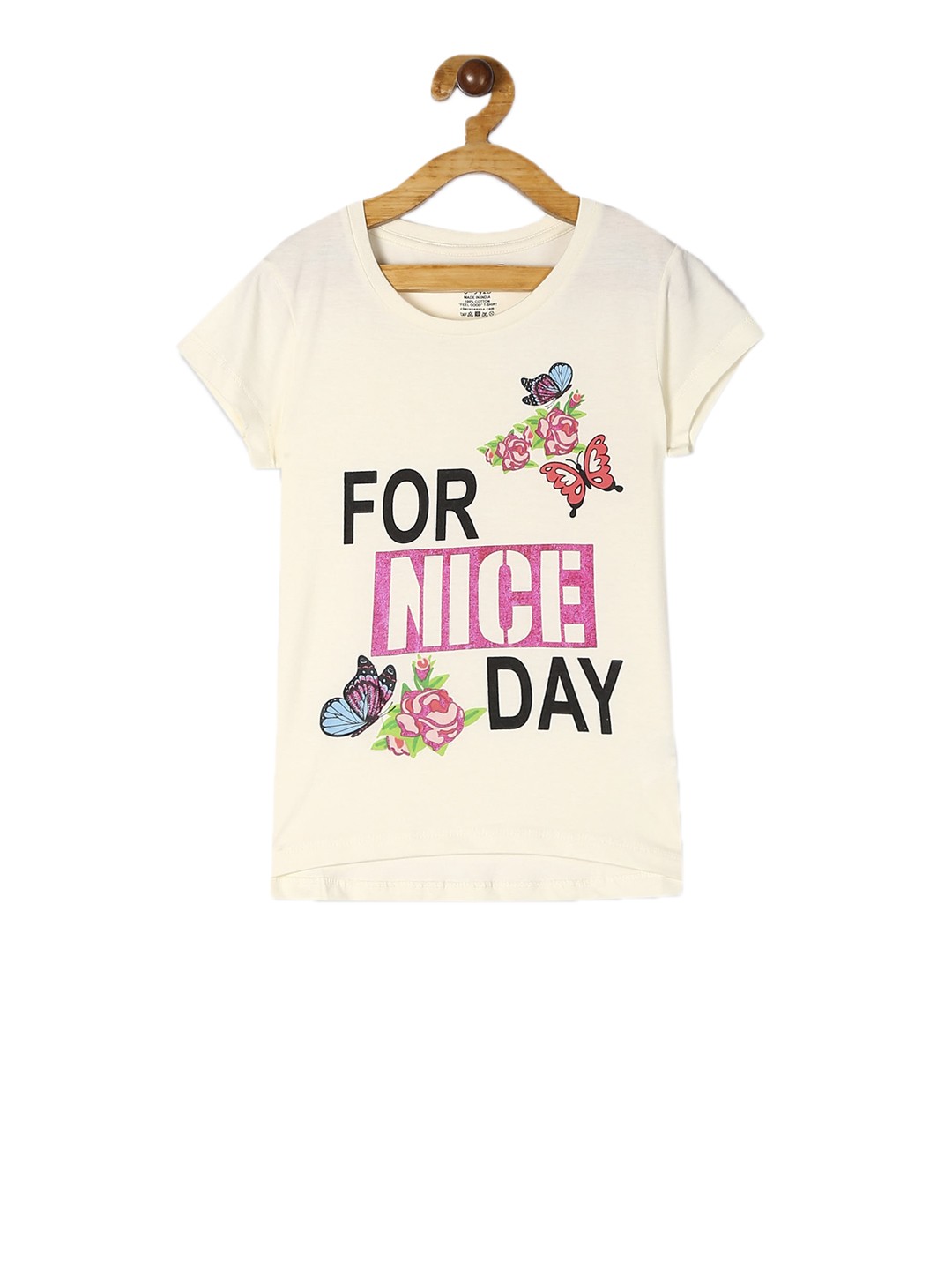 

Cherokee Girls Cream-Coloured Pink Floral Print Round Neck Pure Cotton T-shirt