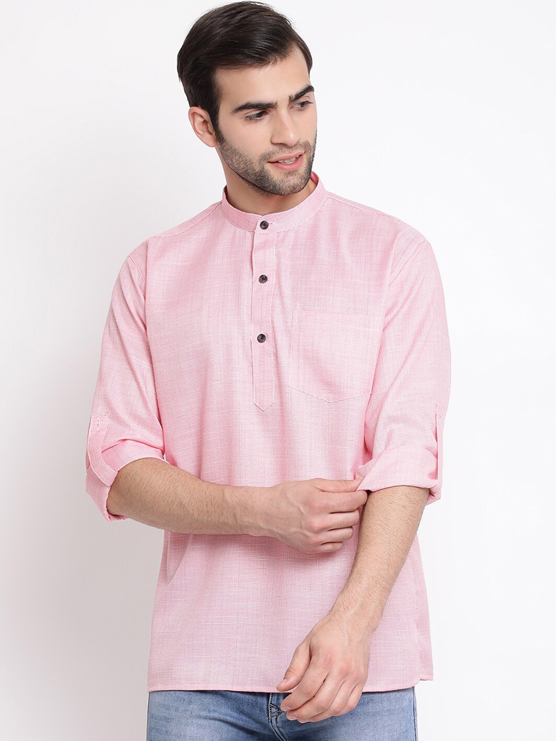 

VASTRAMAY Men Pastel Pink Solid Straight Kurta