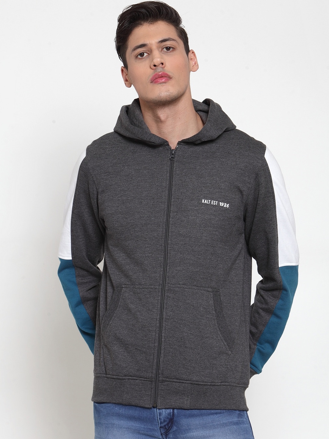 

Kalt Men Grey & White Colourblocked Hooded Sweatshirt
