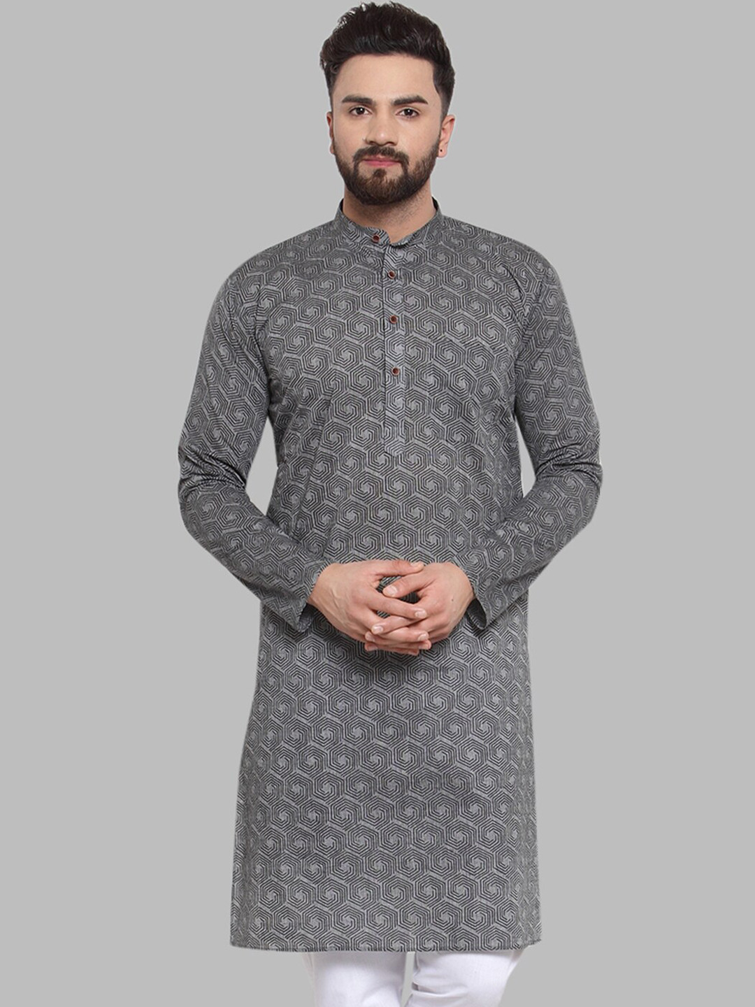 

Jompers Men Grey Printed Straight Kurta