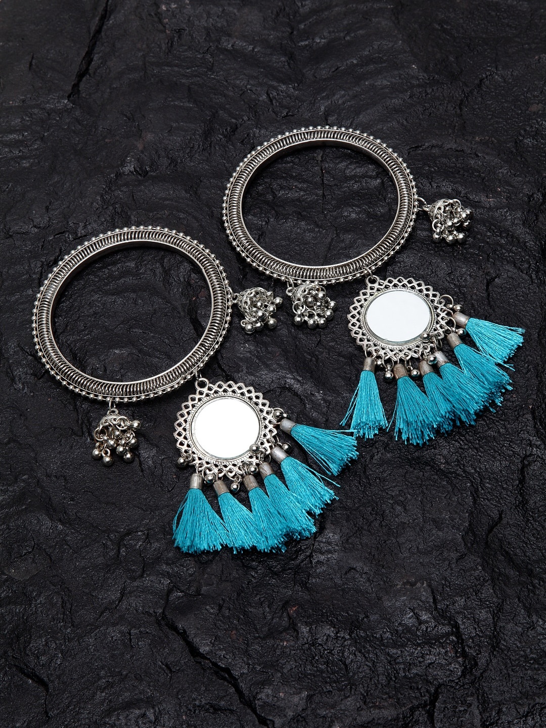 

PANASH Set Of 2 Oxidised Silver-Plated Blue Mirror Dangler Bangles