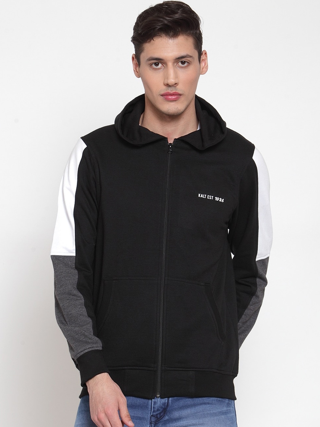 

Kalt Men Black & White Colourblocked Hooded Sweatshirt