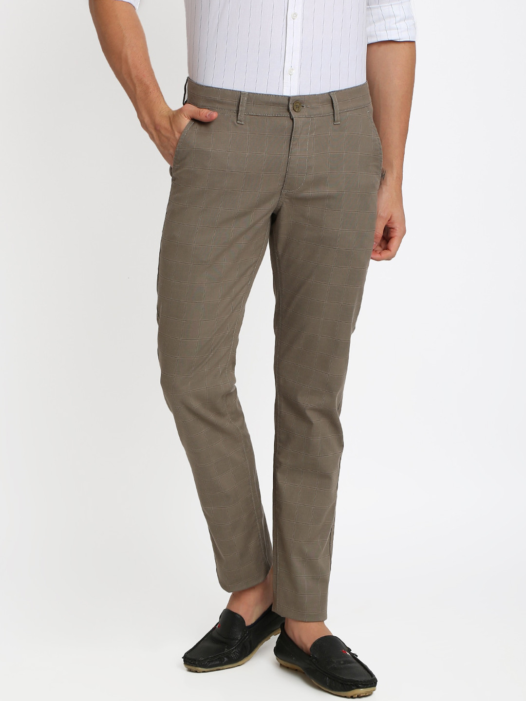 

Crocodile Men Olive Brown Smart Slim Fit Checked Regular Trousers