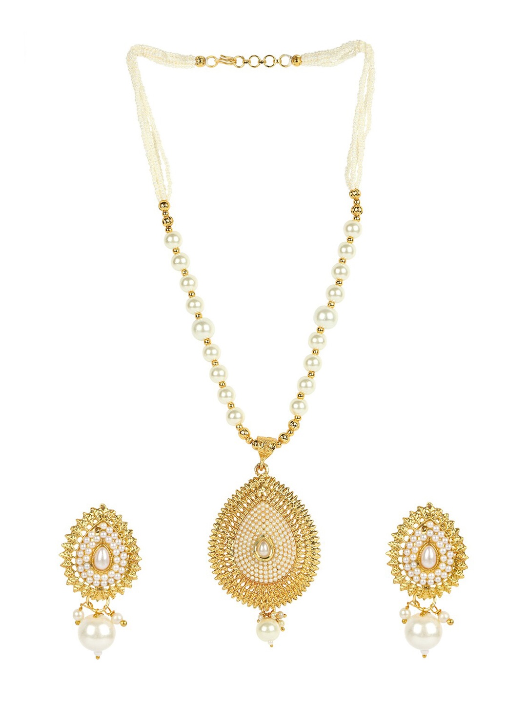 

ANIKAS CREATION Gold-Plated Off-White Stone-Studded & Pearl Beaded Jewellery Set