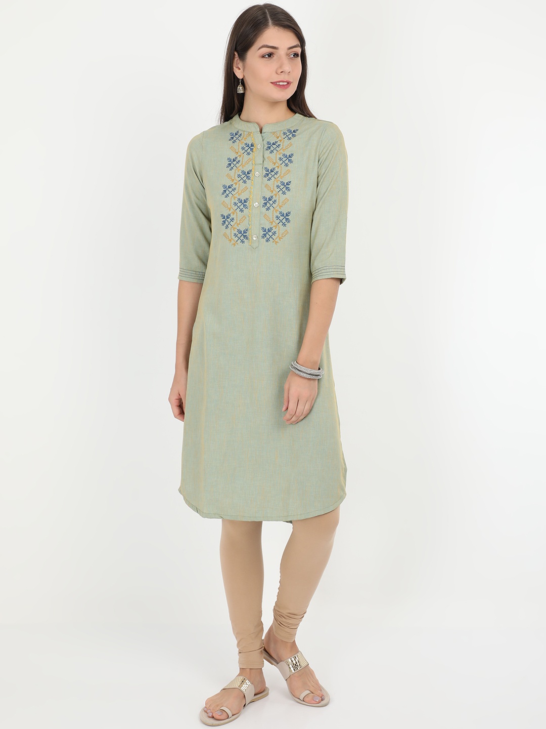 

Alena Women Green Embroidered Straight Kurta