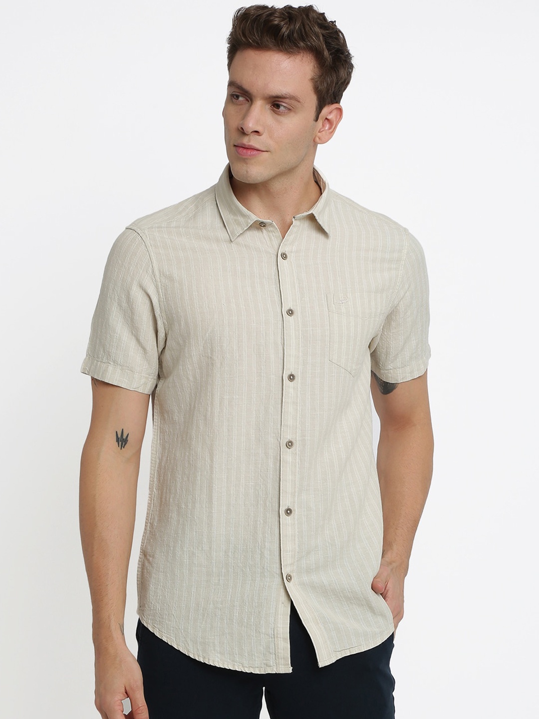 

Crocodile Men Beige Classic Slim Fit Striped Casual Shirt