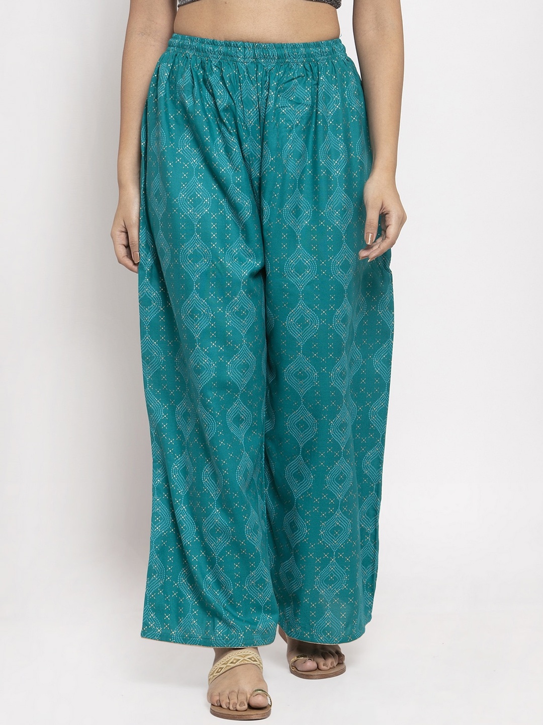 

Clora Creation Women Turquoise Blue Printed Wide Leg Palazzos