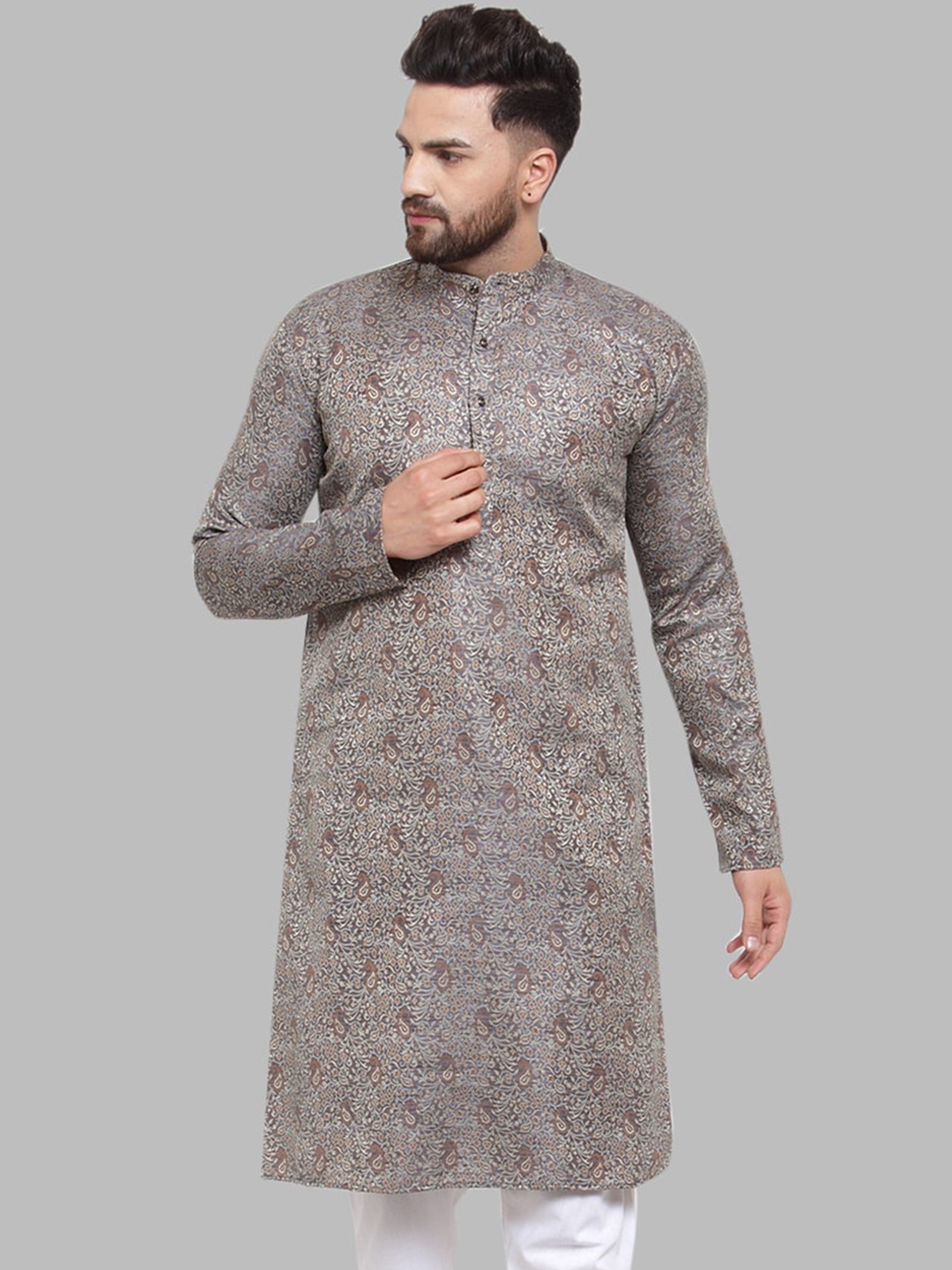 

Jompers Men Grey Woven Design Straight Kurta