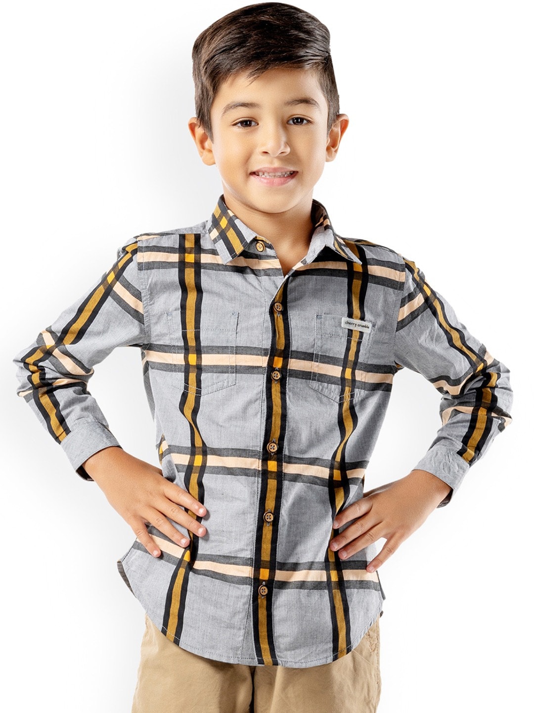 

Cherry Crumble Unisex Kids Grey & Yellow Regular Fit Checked Casual Shirt