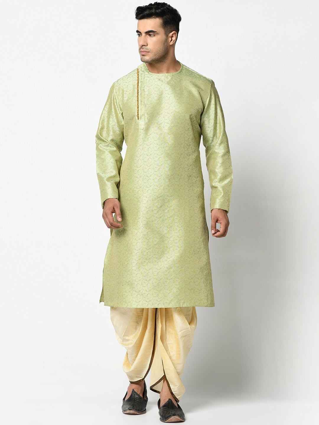 

DEYANN Men Green & Cream-Coloured Woven Design Kurti with Patiala