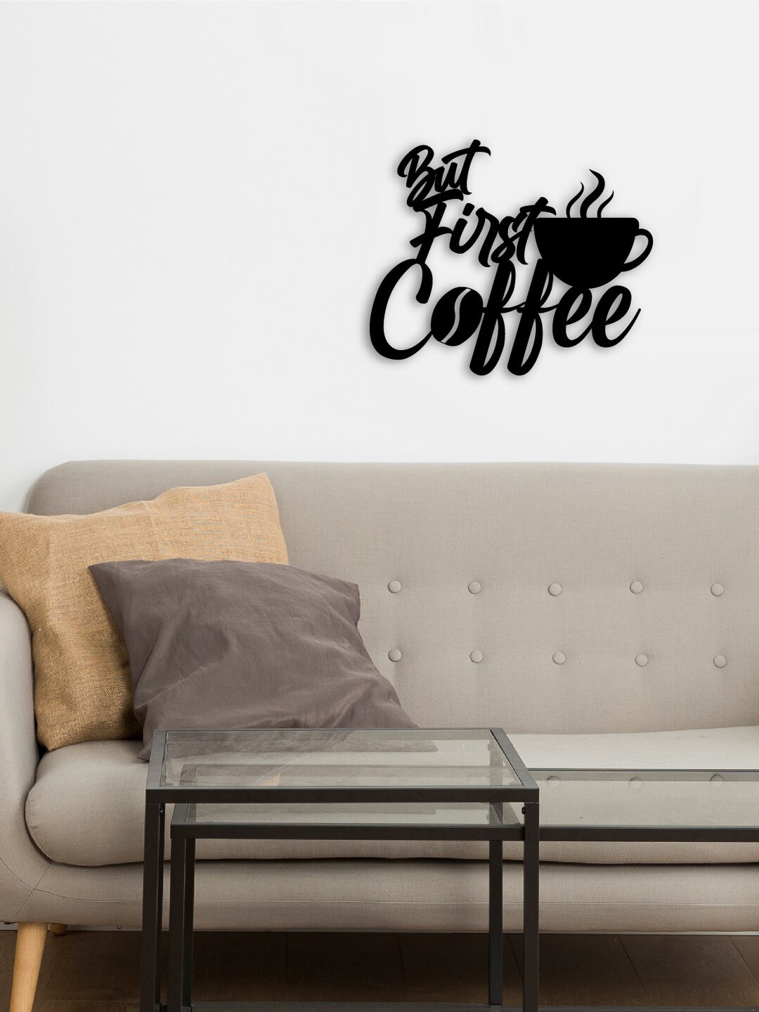 

eCraftIndia Black Ready to Hang "But First Coffee" With Mugblack Engineered Wood Wall Art Cutout Decor