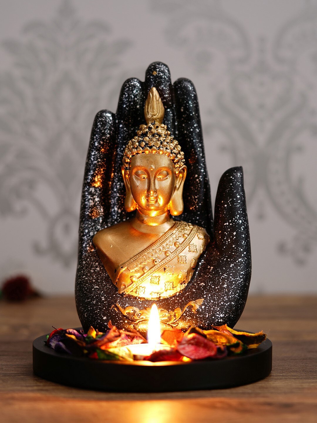 

eCraftIndia Black & Gold-Toned Handcrafted Palm Buddha Decorative Showpiece with Wooden Base