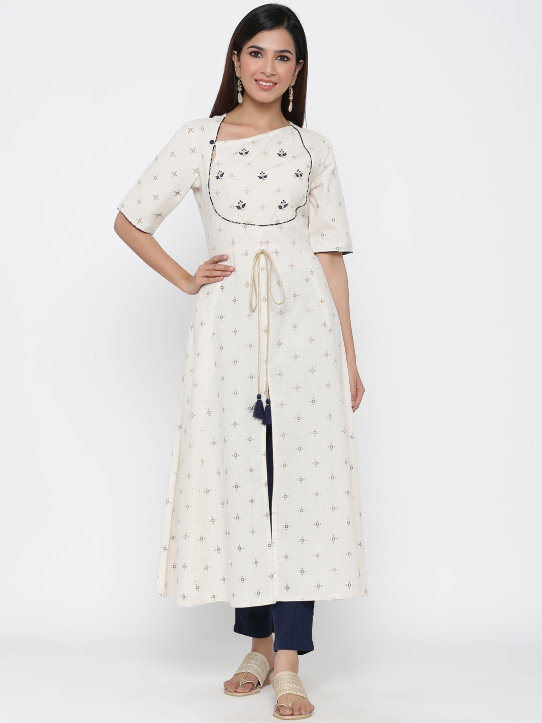 

Jaipur Kurti Women Off-White & Beige Embroidered A-Line Kurta