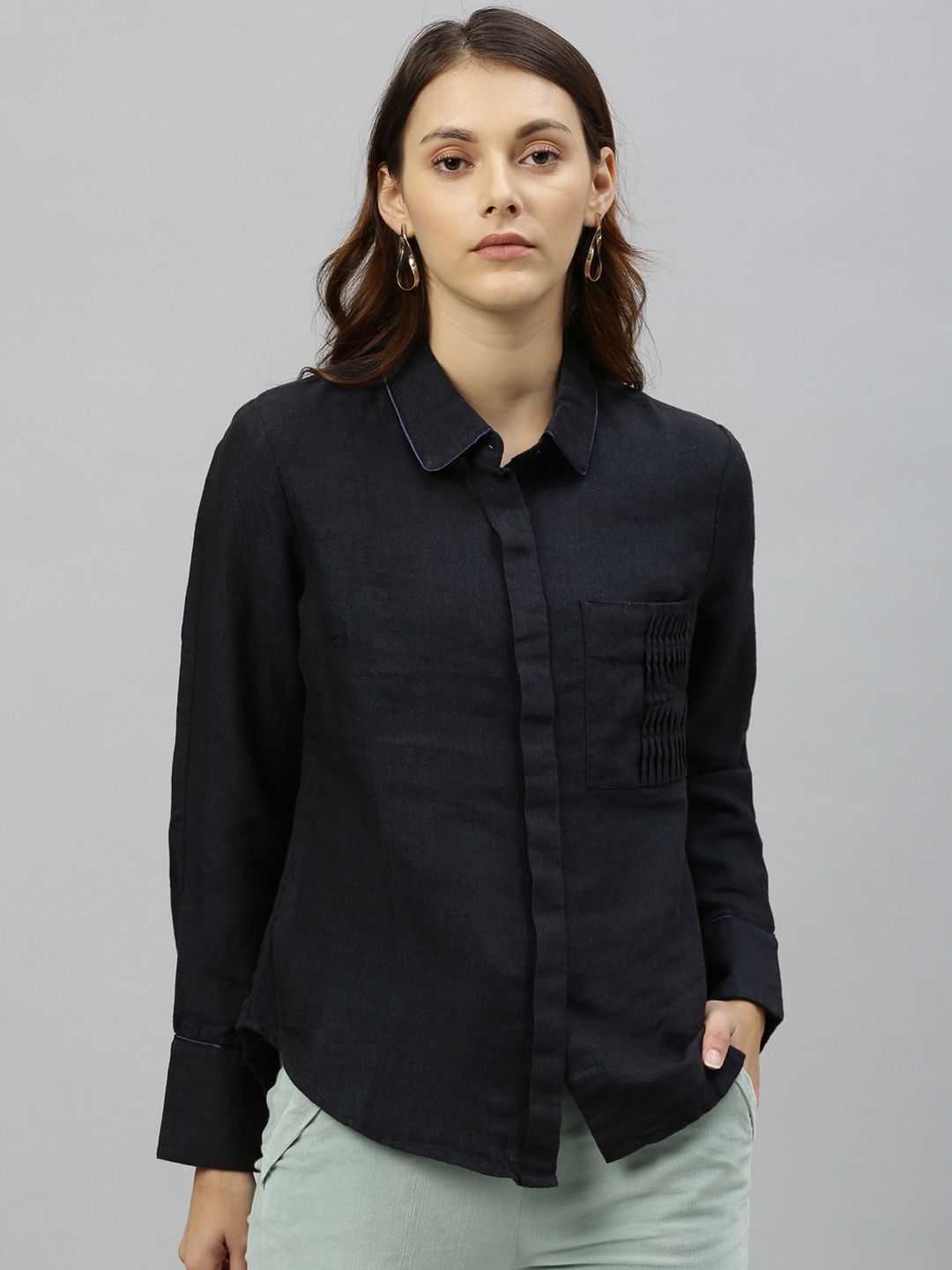 

RAREISM Women Navy Blue Solid Casual Linen Shirt