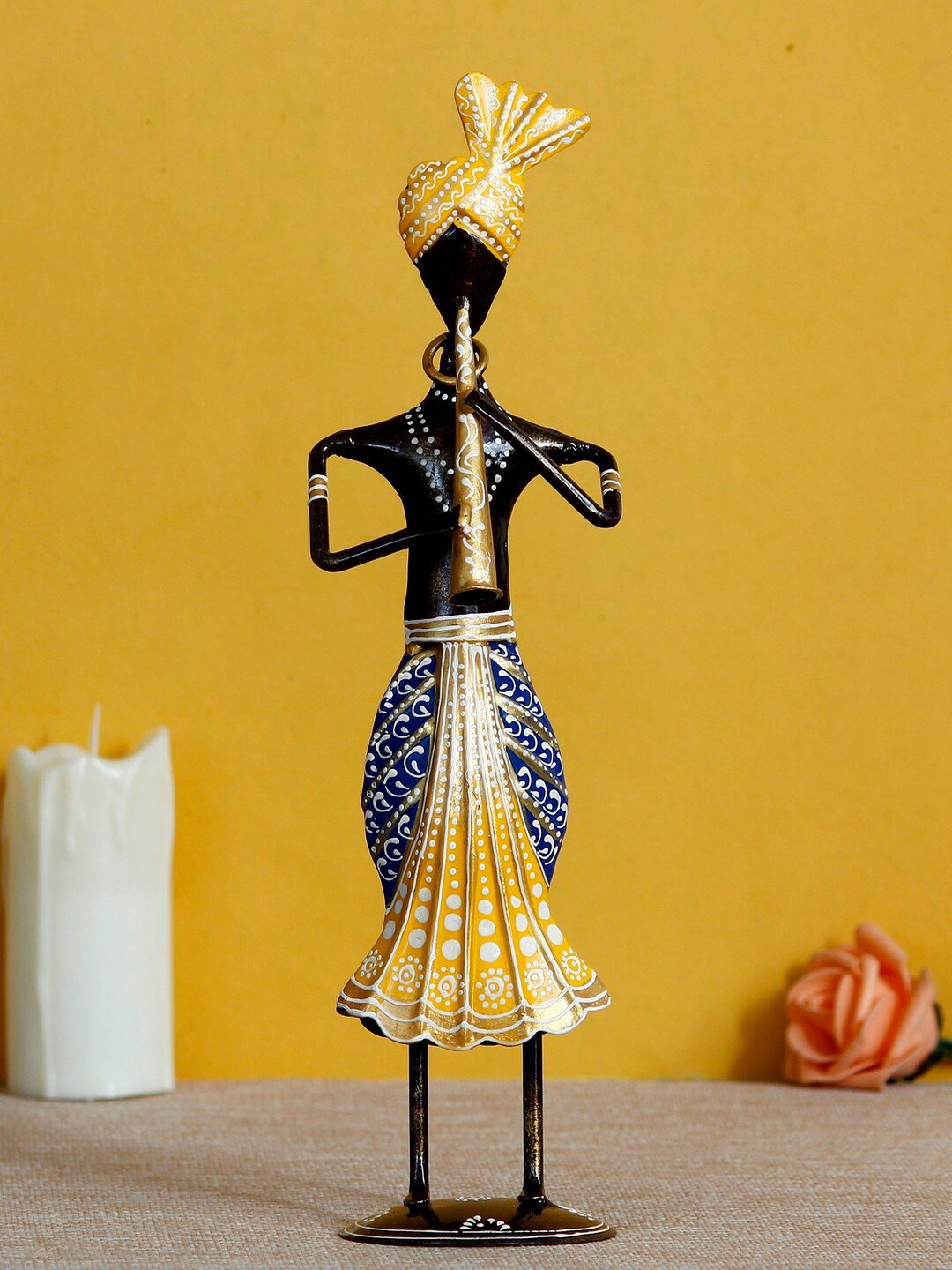 

eCraftIndia Black & Yellow Handcrafted Tribal Man Playing Musical Instrument Trumpet Decorative Showpiece