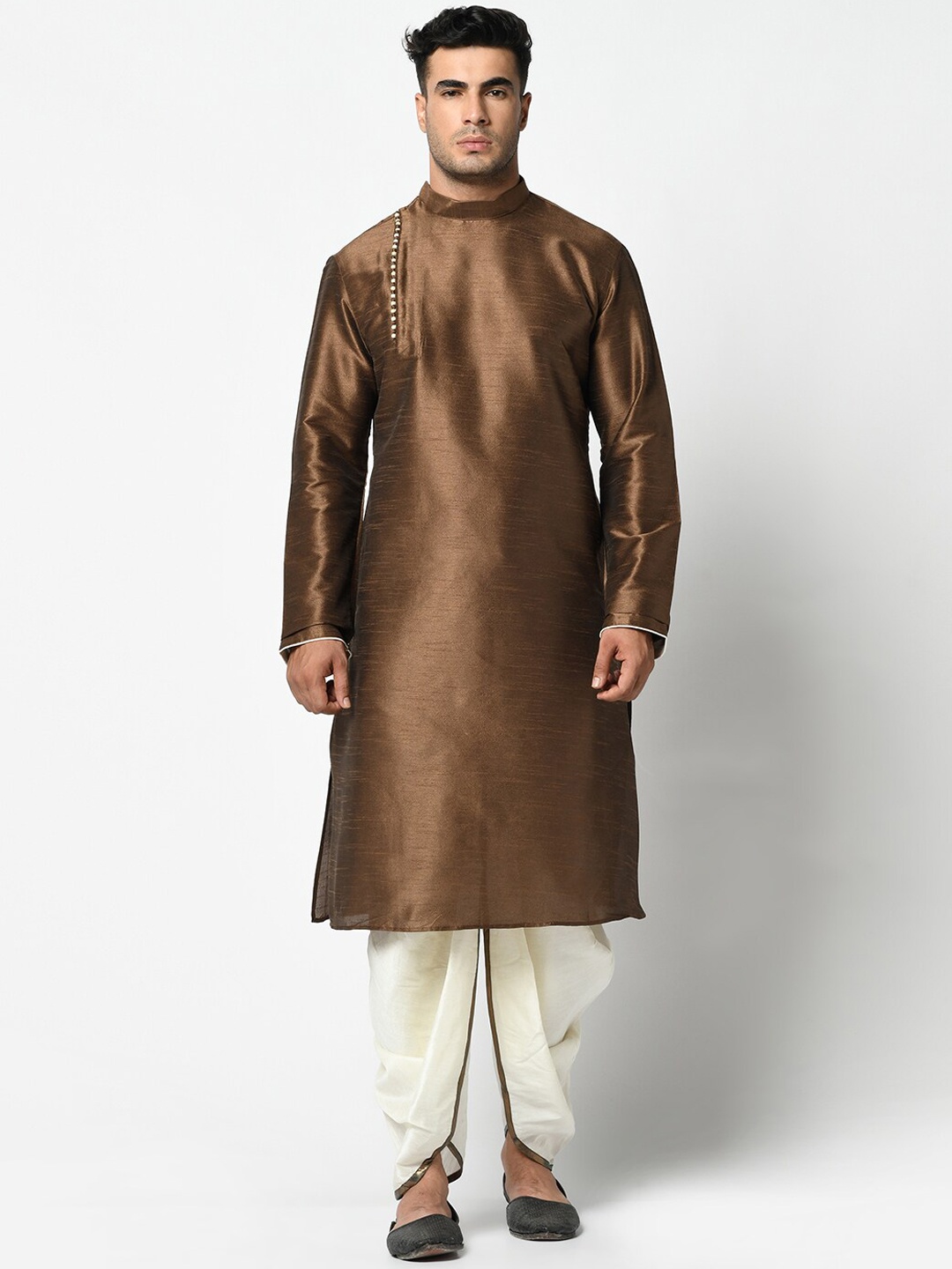 

DEYANN Men Brown & Cream-Coloured Solid Kurta with Dhoti Pants