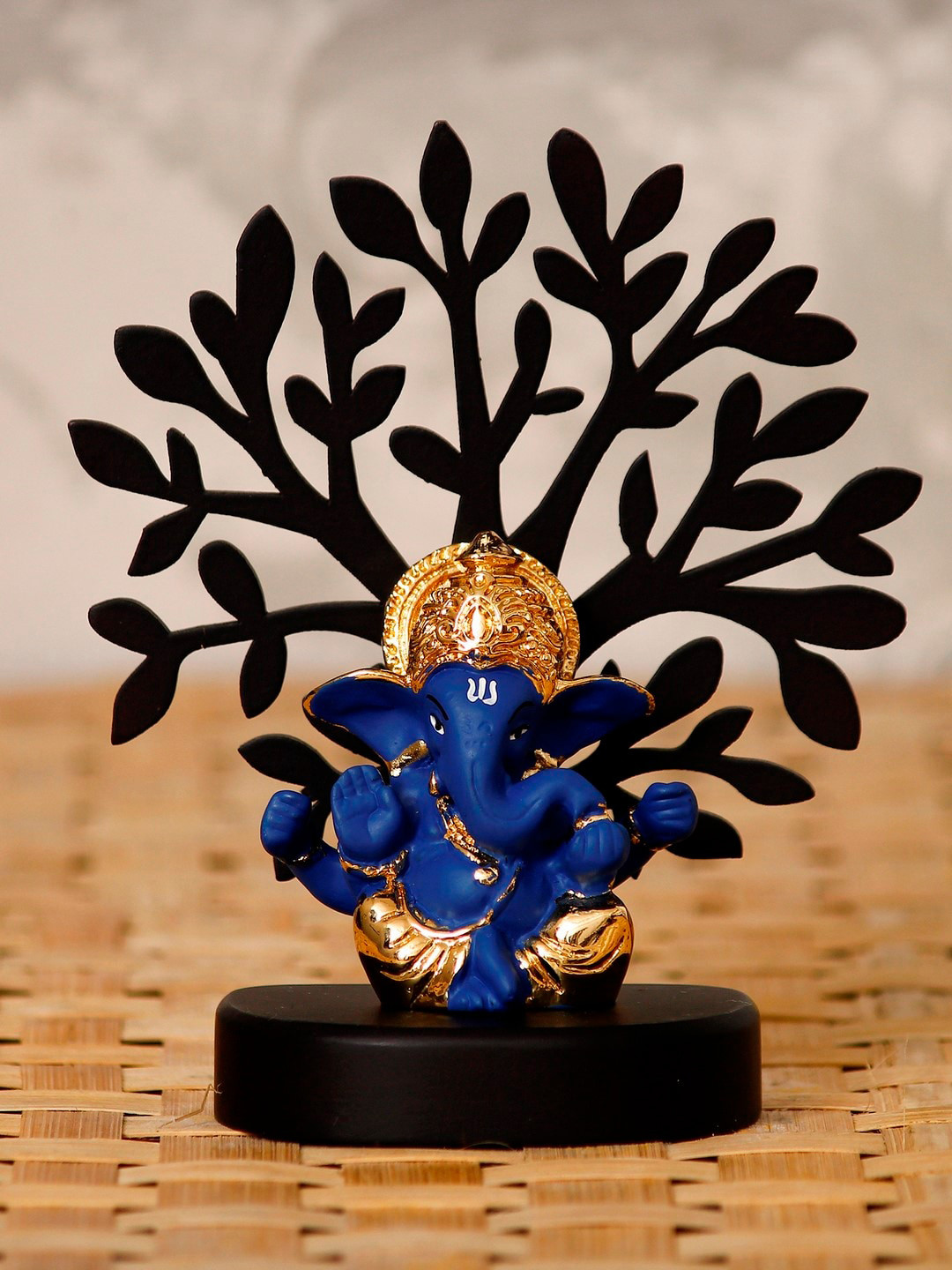 

eCraftIndia Gold-Plated Blue & Black Handcrafted Mukut Ganesha With Wooden Tree Showpiece