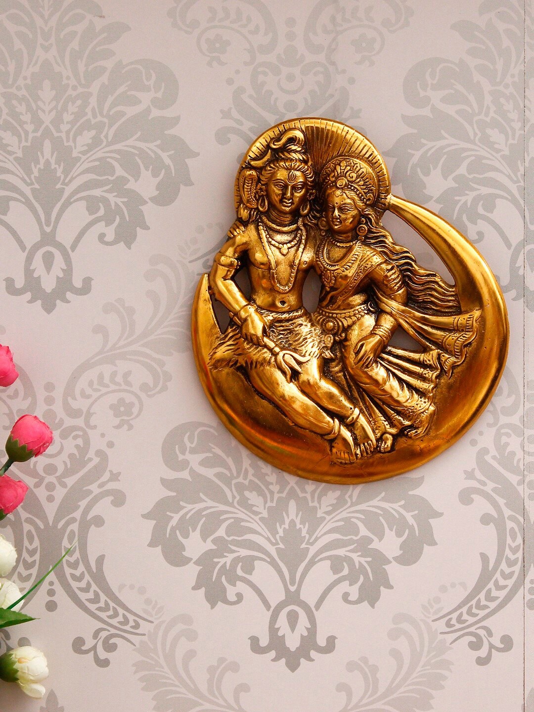 eCraftIndia Golden Shiva Parvati Decorative Wall Hanging Showpiece, Gold