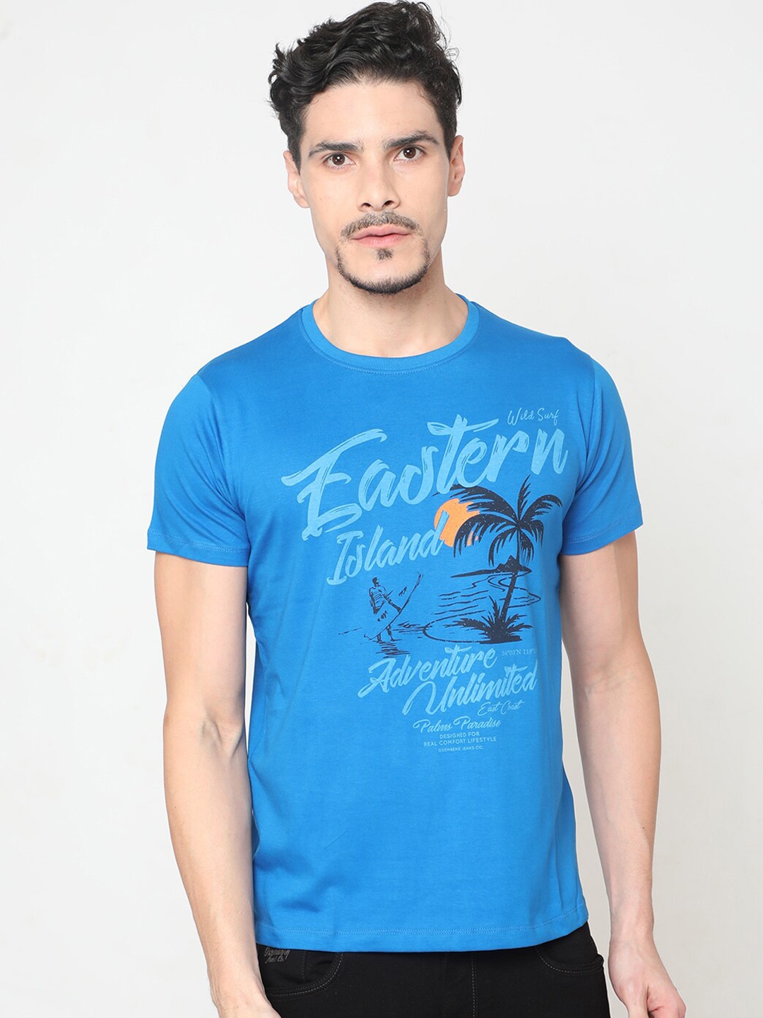 

Oxemberg Men Blue Printed Round Neck Pure Cotton T-shirt