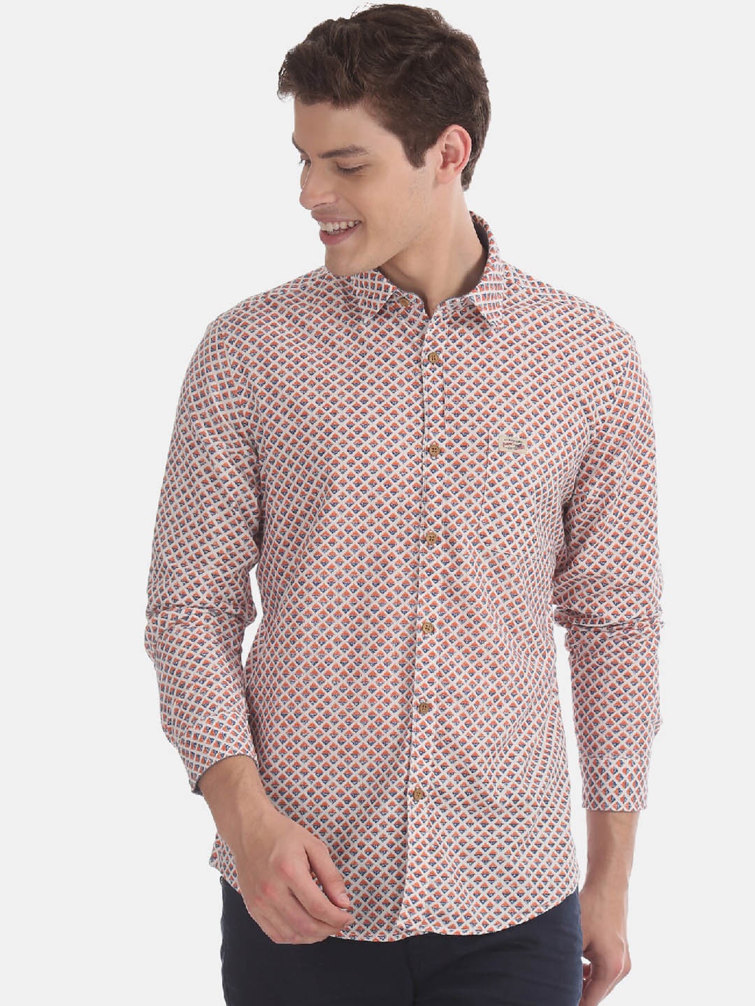 

U.S. Polo Assn. Denim Co. Men Off-White & Orange Slim Fit Printed Casual Shirt
